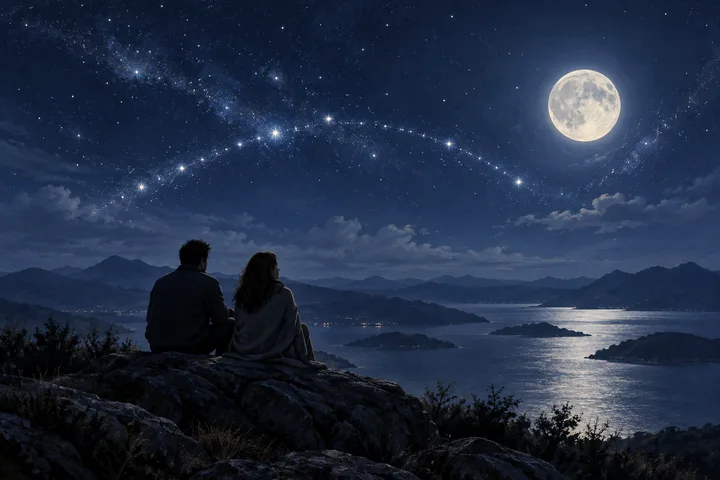 Two people sit together on a rocky overlook above a moonlit lake, with mountains and a glowing arc of stars across the sky.