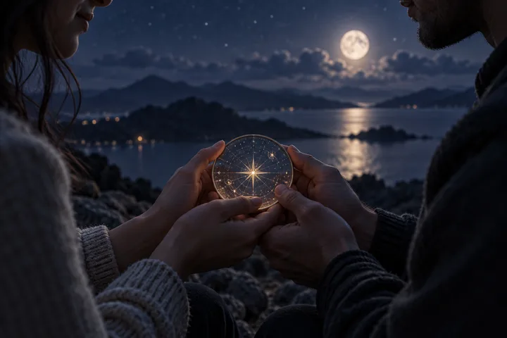 Two people hold a glowing circular disk marked with stars, with a full moon, lake, and mountains in the background.