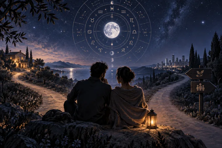 Two people stand beneath an illustrative celestial chart at a moonlit fork in the path, symbolizing love and a shared future that requires conscious choice.