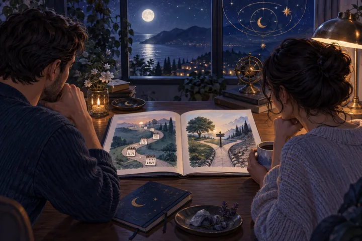 Two people study separate routes at a moonlit table, suggesting the difference between a temporary timing question and a settled life direction.
