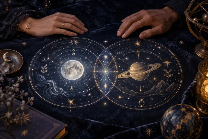 A close-up of two overlapping illustrative celestial charts with moon and Saturn motifs, linked by luminous lines beside resting hands.