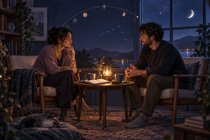 A couple sits across from each other in warm lantern light with an open notebook, suggesting a calm conversation and shared decision about the future.