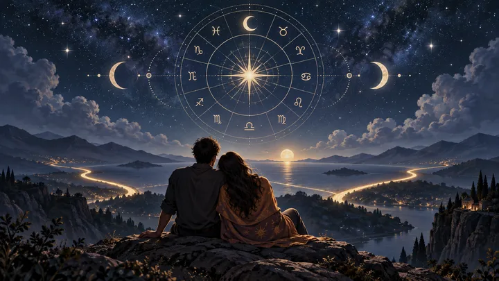 Moonlit indigo editorial illustration of two warm points of light connected beneath an illustrative astrological sky, suggesting deep feeling seeking a shared direction.