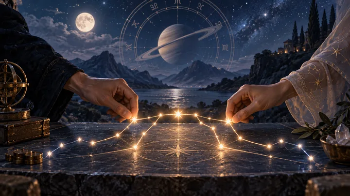 Moonlit indigo editorial illustration of two glowing celestial paths being aligned into one stable constellation, symbolizing patience, shared agreements, and a future built together.
