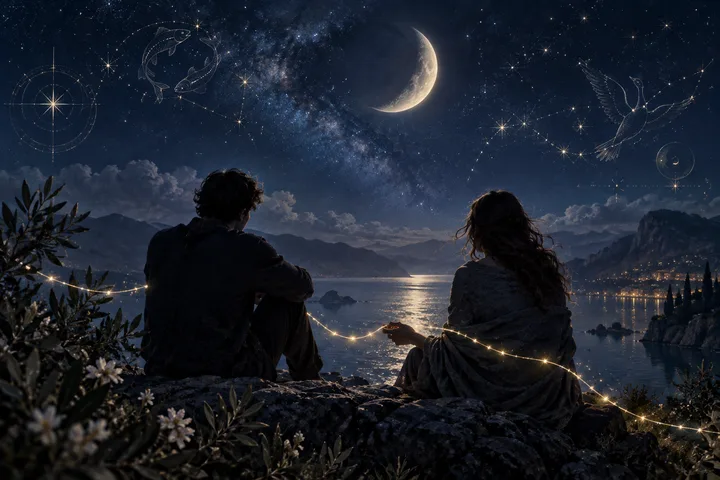 Two people sit on a rocky shore beneath a crescent moon and star-filled sky, with a glowing string of lights between them and a mountain-lined bay beyond.