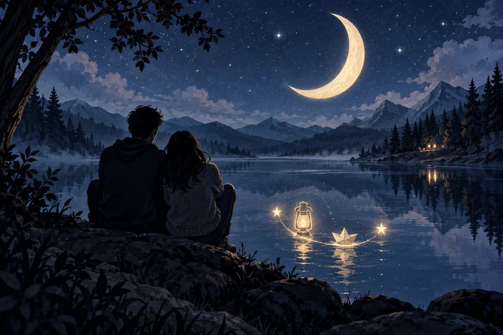 Two people sit beside a mountain lake at night beneath a crescent moon, while a glowing lantern and paper boat float on the water.