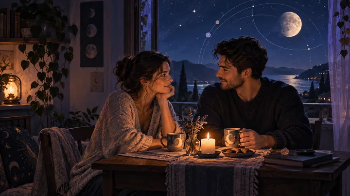 Two people share a quiet candlelit ritual at a small table beneath a moonlit indigo sky, suggesting a meaningful bond made present through mutual return.