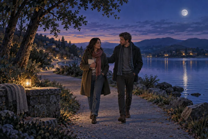 Two people walk together beside a moonlit lake on an open path, suggesting a flexible shared ritual, honest conversation, and returning to one another through change.