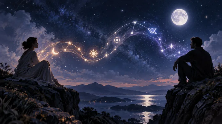 Two silhouetted figures sit on separate rocky cliffs above a moonlit lake, connected by a glowing line of stars beneath a starry sky.