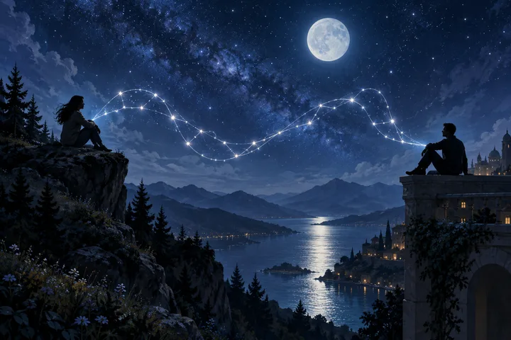 Two silhouetted figures sit on opposite overlooks above a moonlit lake, connected by a winding line of stars; a lit stone building stands at right.