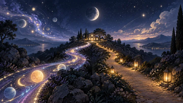 Moonlit indigo landscape with a luminous celestial path and a lantern-lit path converging toward a warm home beside the water.