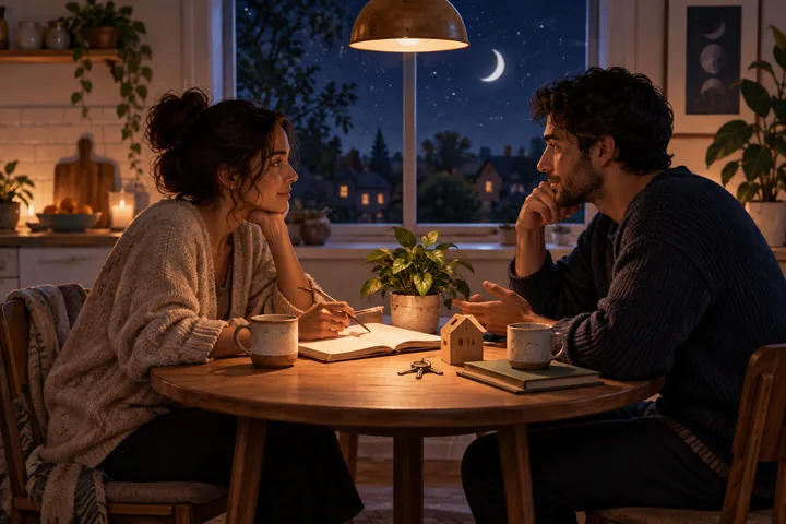 Two partners calmly plan a shared future at a warm kitchen table with a notebook, cups, a house key, and a plant beneath a crescent moon.