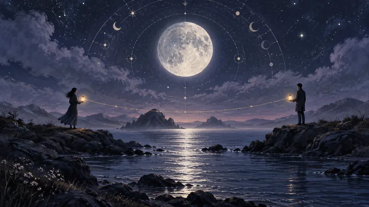 Two figures stand apart across dark water beneath an indigo moonlit sky