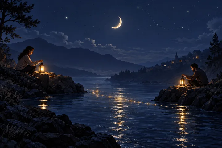 Two people hold lanterns beneath a moonlit indigo sky