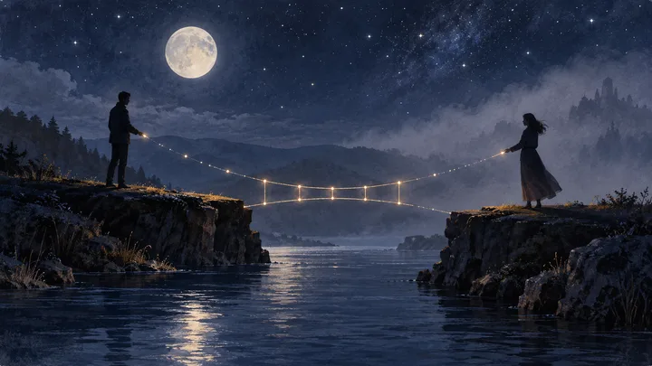 Two silhouettes hold opposite ends of a glowing constellation bridge above a moonlit river, symbolizing a soulmate bond that requires shared movement.