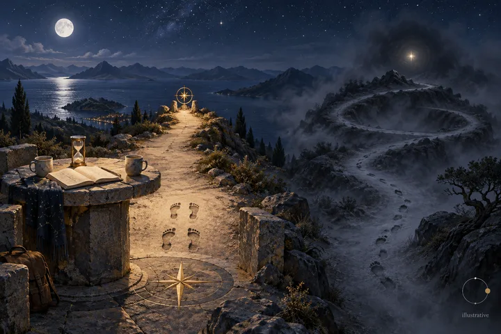 A moonlit landscape divides into a shared path with an hourglass, journal, two cups, and paired footprints and a solitary mist-covered path that loops away.