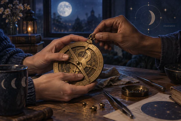 Two pairs of hands collaborate to repair a brass astrolabe on a moonlit wooden table, symbolizing shared effort, repair, and steady relationship-building.