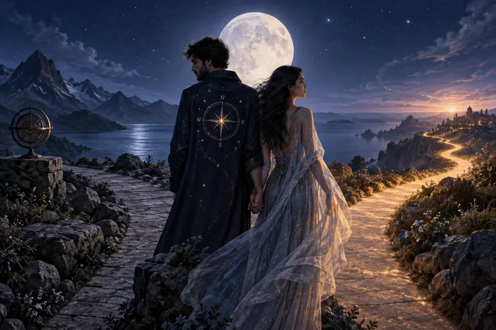 A couple holds hands at a moonlit fork in a mountain landscape, with a dark stone path on one side and a glowing road toward a distant town on the other.