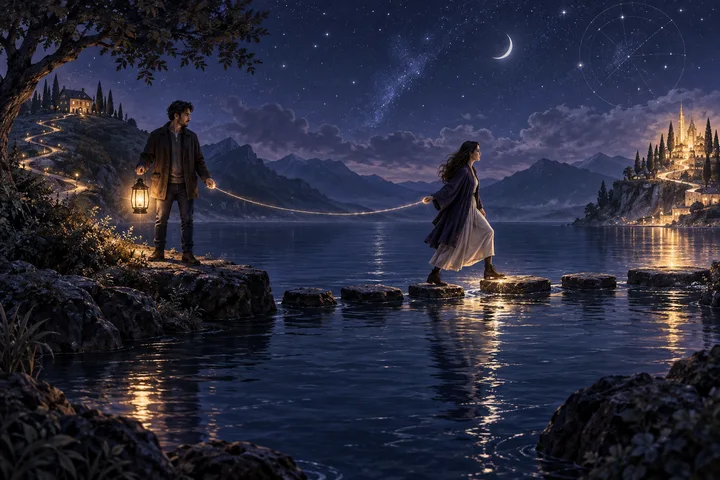 Two people cross stepping stones from opposite shores of a moonlit lake, connected by a thin glowing line beneath a small crescent moon.