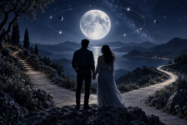 A couple stands together at a forked mountain path beneath a full moon, with one route rising toward stone steps and the other winding toward distant lights.