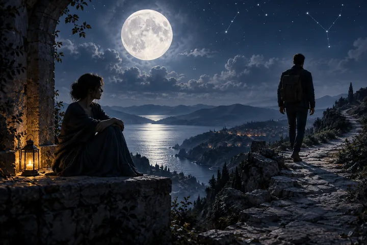 One person sits beneath a stone arch beside a lantern while another walks away along a moonlit ridge above a lake.