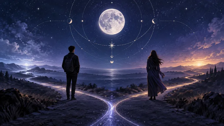Two silhouetted figures stand on a glowing forked path overlooking a body of water and mountains beneath a full moon, stars, and circular celestial lines.