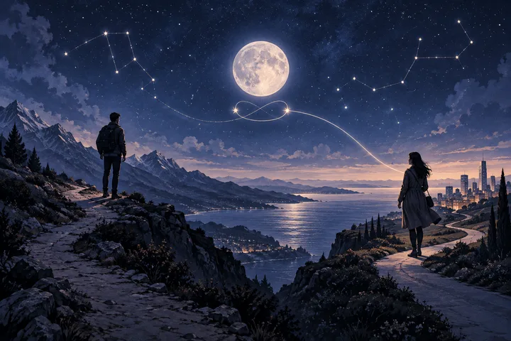 Two silhouetted figures stand on separate mountain paths across a bay, with a full moon, stars, a glowing connecting line, and a city in the distance.