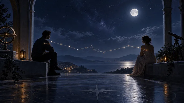 Two people sit apart on a moonlit observatory terrace beneath a constellation-like thread, overlooking a quiet lake and mountains.
