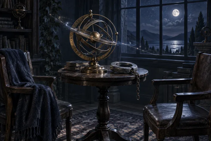 A moonlit brass armillary sphere and heavy stone ring sit between two empty chairs, symbolizing Saturnian gravity, duty, and pressure.
