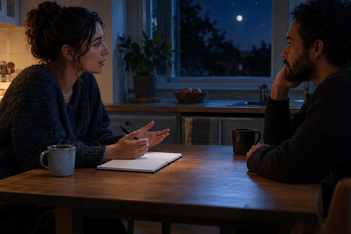 Two people listen across a kitchen table at night beside an open blank notebook, representing accountability and a shared account of what happened.
