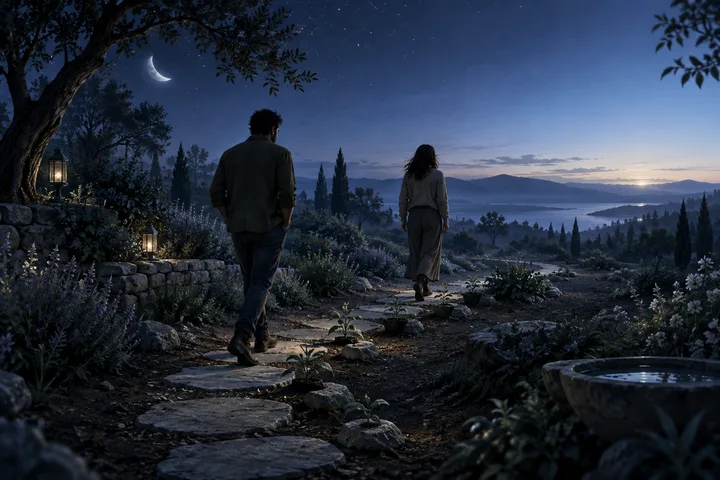 Two people walk in the same direction along a moonlit garden path marked by stepping stones and newly planted shoots toward a pale horizon.