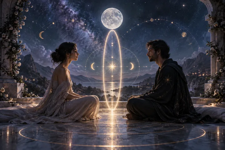 Two people sit apart beneath a full moon, connected by a luminous protective boundary and celestial chart lines over an indigo mountain lake.