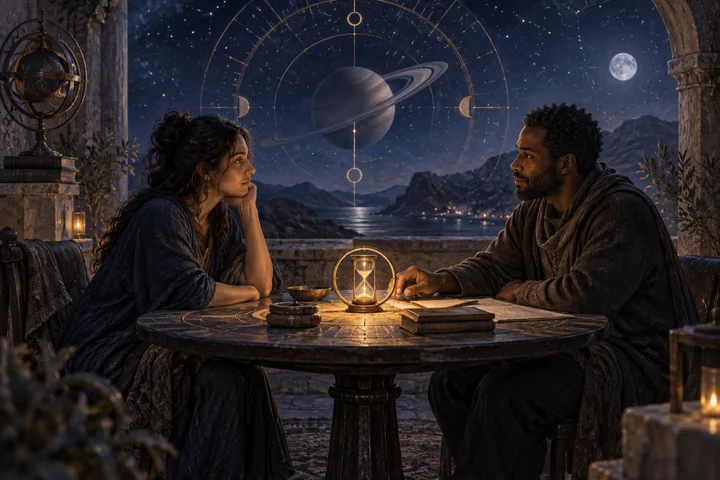 Two people hold a calm relationship conversation across a round table with an hourglass, Saturn symbolism, and a moonlit indigo sky behind them.