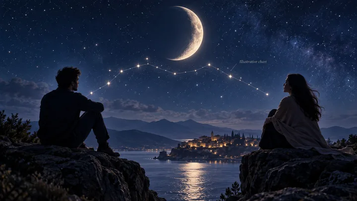 Two silhouetted people sit on separate rocky overlooks above a lake at night. A crescent moon, starry sky, constellation-like line, distant mountains, and a lit lakeside town are visible; the sky includes the text ‘Illustrative chart.’