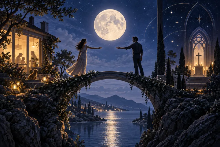 Two people stand on a flower-covered stone bridge and reach toward each other beneath a full moon. A warmly lit house with people and a dog inside is on the left, and a candlelit chapel with a cross is on the right, beside a lake and mountains.