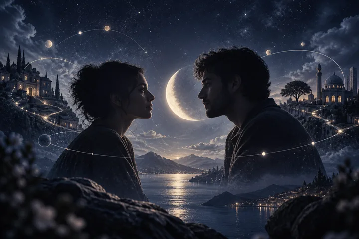 Two people face each other in profile with a crescent moon between them. Glowing orbital lines and small circular lights cross a starry sky above a lake, mountains, and illuminated buildings.