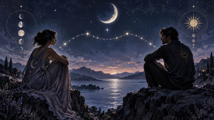 Two people sit on opposite shores of a moonlit lake beneath a linked line of stars, with crescent-moon and sun symbols framing the scene.