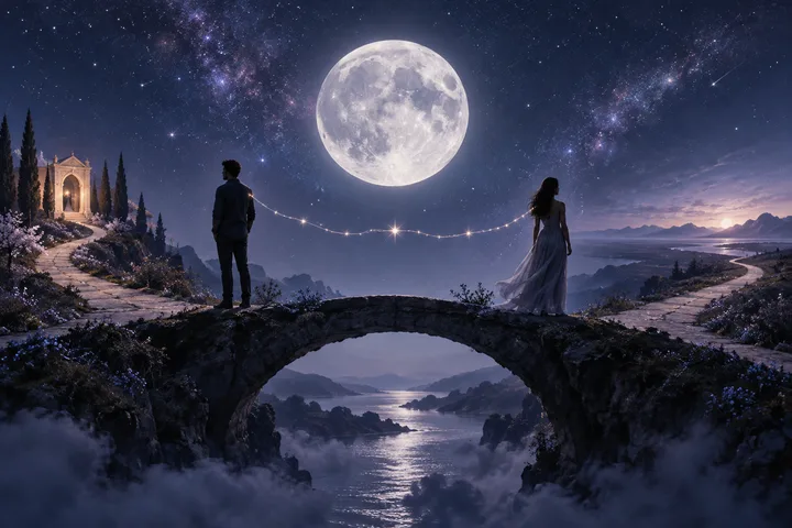 A man and woman stand apart on a stone bridge beneath a full moon, with separate paths leading toward a glowing doorway and a distant shoreline.