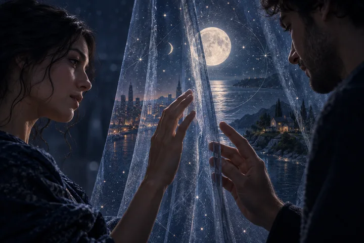 A close view of two people reaches toward each other across a sheer star-patterned curtain, with a moonlit city, lake, and small illuminated house beyond it.