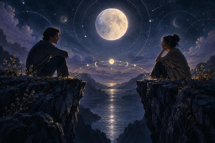 Two people sit on separate moonlit cliffs across a narrow luminous divide, connected by delicate celestial arcs beneath a full moon.