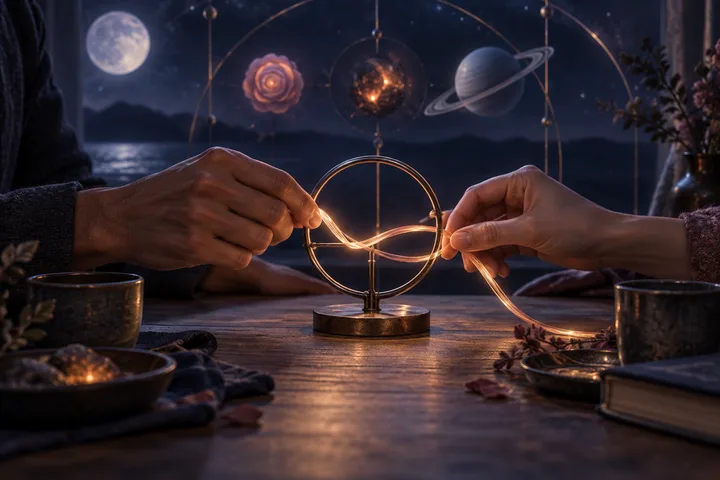 Two people’s hands place a glowing thread through a circular metal frame beneath abstract celestial forms, symbolizing repair held by structure.