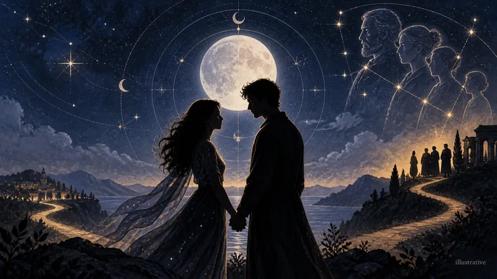 Editorial illustration accompanying: Can a soulmate connection survive a family tradition that asks one partner to choose sides?