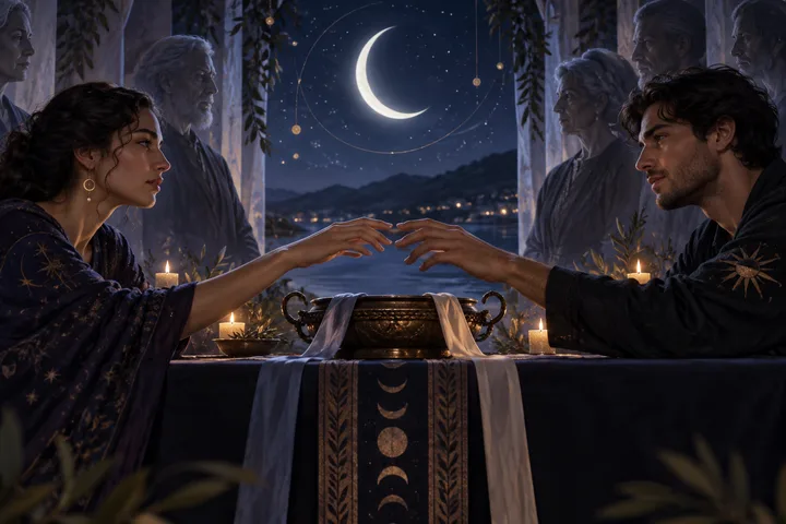 Editorial illustration accompanying: Can a soulmate connection survive a family tradition that asks one partner to choose sides?