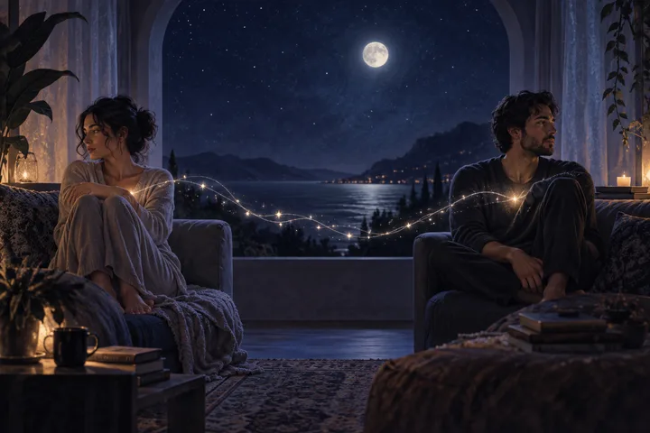 Two loving partners sit apart in a moonlit room, joined by a luminous thread of stars across the space between them.