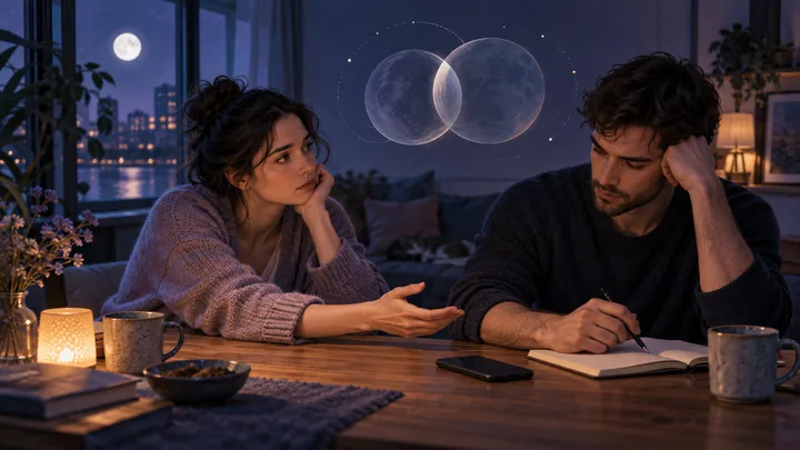 One partner reaches across a table while the other writes, with two overlapping illustrative moon forms behind them.