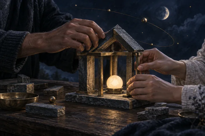 Two partners’ hands build a small stone-and-brass shelter around a warm light beneath an abstract celestial orbit.