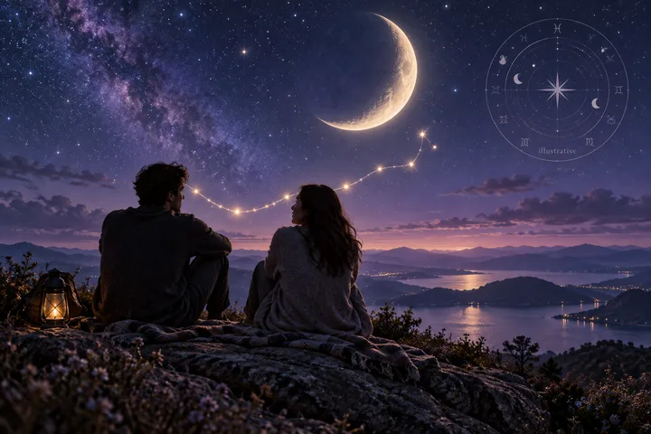 Two people sit together on a rocky overlook above a lake and mountains beneath a crescent moon and star-filled sky, with a circular star chart in the upper right.