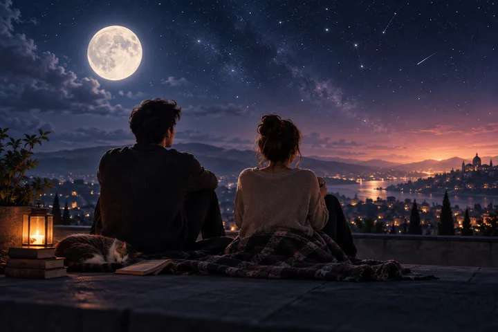 Two people sit under a full moon overlooking a lit lakeside city, with a lantern, books, a sleeping cat, and a blanket beside them.