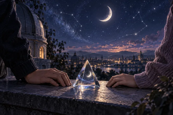 Two people rest their hands on a stone ledge around a glowing glass pyramid containing a crescent moon, with an observatory dome, city skyline, and starry sky behind them.