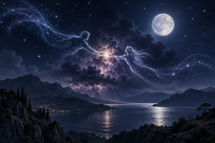 Two translucent, star-filled figures reach toward each other above a moonlit mountain lake, with storm clouds and a full moon behind them.